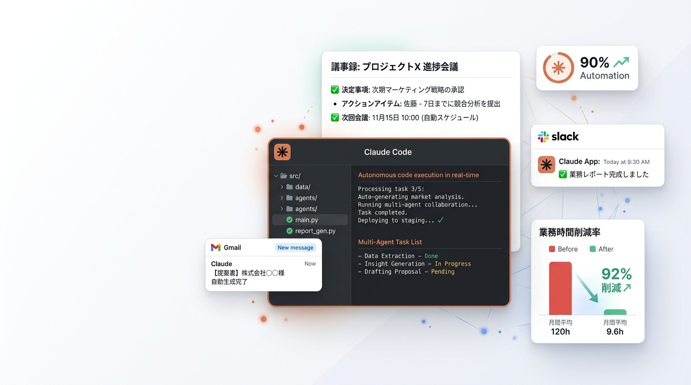 Claude Codeで業務自動化されている画面群 — 議事録・Slack通知・92%削減グラフ